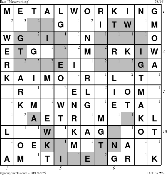 The grouppuzzles.com Easy Metalworking puzzle for Monday October 13, 2025 with all 3 steps marked