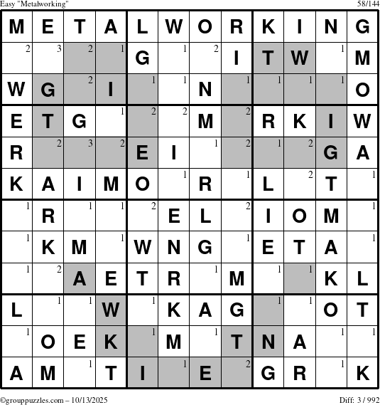 The grouppuzzles.com Easy Metalworking puzzle for Monday October 13, 2025 with the first 3 steps marked