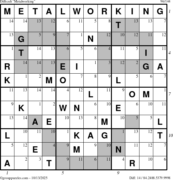 The grouppuzzles.com Difficult Metalworking puzzle for Monday October 13, 2025 with all 14 steps marked
