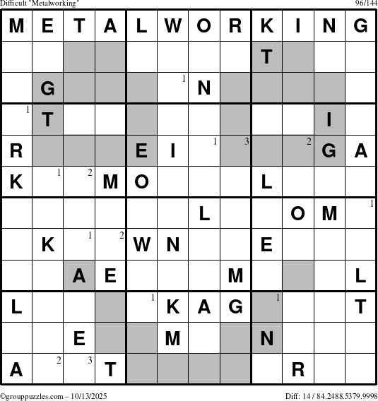 The grouppuzzles.com Difficult Metalworking puzzle for Monday October 13, 2025 with the first 3 steps marked