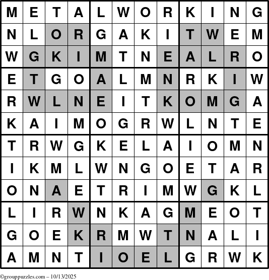 The grouppuzzles.com Answer grid for the Metalworking puzzle for Monday October 13, 2025