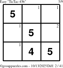 The grouppuzzles.com Easy TicTac-456 puzzle for Monday October 13, 2025 with the first 2 steps marked