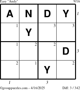 The grouppuzzles.com Easy Andy puzzle for Wednesday April 16, 2025 with all 3 steps marked