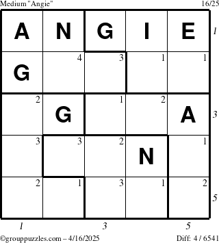 The grouppuzzles.com Medium Angie puzzle for Wednesday April 16, 2025, suitable for printing, with all 4 steps marked