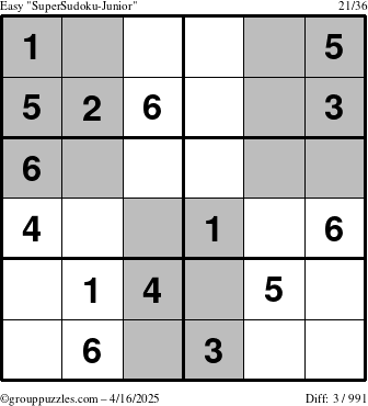 The grouppuzzles.com Easy SuperSudoku-Junior puzzle for Wednesday April 16, 2025