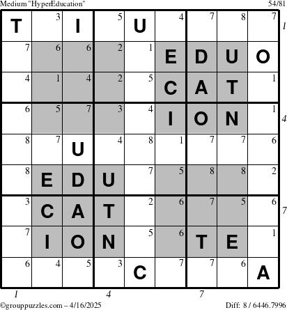 The grouppuzzles.com Medium HyperEducation-i23 puzzle for Wednesday April 16, 2025 with all 8 steps marked