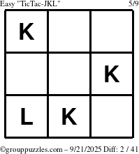 The grouppuzzles.com Easy TicTac-JKL puzzle for Sunday September 21, 2025