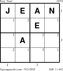 The grouppuzzles.com Easy Jean puzzle for Sunday September 21, 2025 with all 3 steps marked