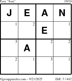 The grouppuzzles.com Easy Jean puzzle for Sunday September 21, 2025 with the first 3 steps marked