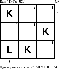 The grouppuzzles.com Easy TicTac-JKL puzzle for Sunday September 21, 2025 with all 2 steps marked