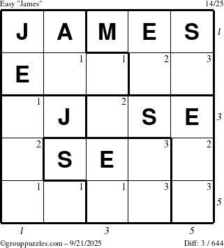 The grouppuzzles.com Easy James puzzle for Sunday September 21, 2025, suitable for printing, with all 3 steps marked