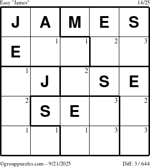 The grouppuzzles.com Easy James puzzle for Sunday September 21, 2025 with the first 3 steps marked