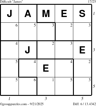 The grouppuzzles.com Difficult James puzzle for Sunday September 21, 2025 with all 6 steps marked