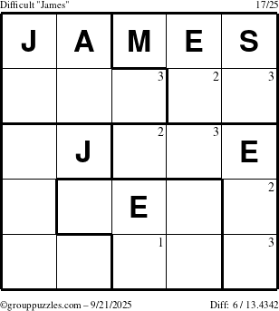 The grouppuzzles.com Difficult James puzzle for Sunday September 21, 2025 with the first 3 steps marked