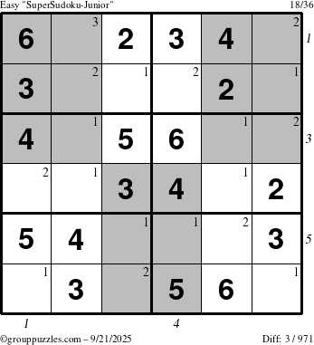 The grouppuzzles.com Easy SuperSudoku-Junior puzzle for Sunday September 21, 2025 with all 3 steps marked
