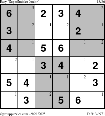 The grouppuzzles.com Easy SuperSudoku-Junior puzzle for Sunday September 21, 2025 with the first 3 steps marked