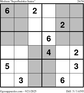 The grouppuzzles.com Medium SuperSudoku-Junior puzzle for Sunday September 21, 2025