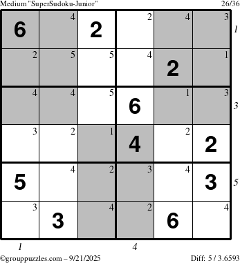 The grouppuzzles.com Medium SuperSudoku-Junior puzzle for Sunday September 21, 2025, suitable for printing, with all 5 steps marked