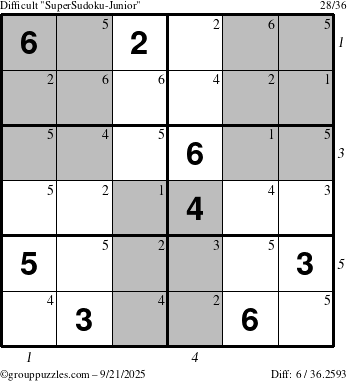 The grouppuzzles.com Difficult SuperSudoku-Junior puzzle for Sunday September 21, 2025, suitable for printing, with all 6 steps marked