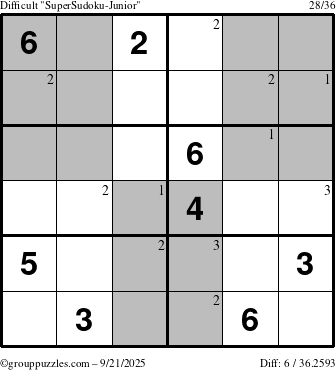 The grouppuzzles.com Difficult SuperSudoku-Junior puzzle for Sunday September 21, 2025 with the first 3 steps marked