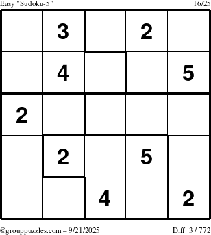 The grouppuzzles.com Easy Sudoku-5 puzzle for Sunday September 21, 2025