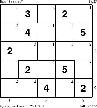 The grouppuzzles.com Easy Sudoku-5 puzzle for Sunday September 21, 2025 with all 3 steps marked