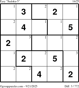 The grouppuzzles.com Easy Sudoku-5 puzzle for Sunday September 21, 2025 with the first 3 steps marked