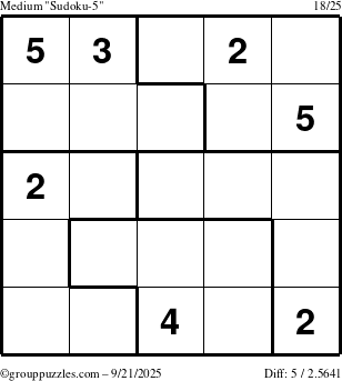 The grouppuzzles.com Medium Sudoku-5 puzzle for Sunday September 21, 2025