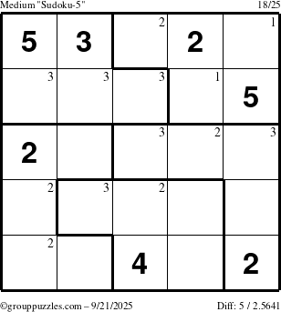 The grouppuzzles.com Medium Sudoku-5 puzzle for Sunday September 21, 2025 with the first 3 steps marked