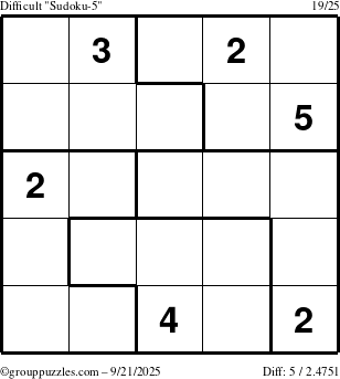 The grouppuzzles.com Difficult Sudoku-5 puzzle for Sunday September 21, 2025