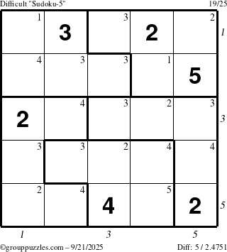 The grouppuzzles.com Difficult Sudoku-5 puzzle for Sunday September 21, 2025, suitable for printing, with all 5 steps marked