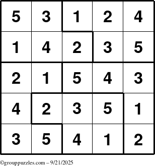 The grouppuzzles.com Answer grid for the Sudoku-5 puzzle for Sunday September 21, 2025