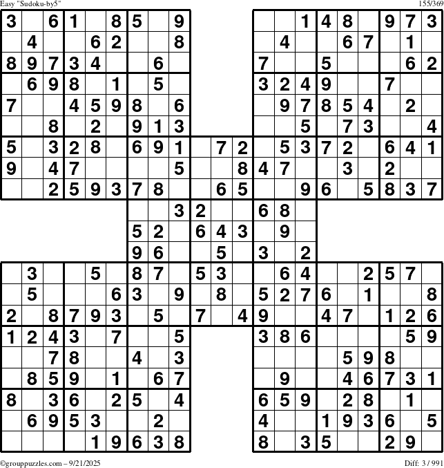 The grouppuzzles.com Easy Sudoku-by5 puzzle for Sunday September 21, 2025
