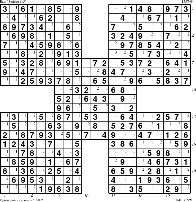 The grouppuzzles.com Easy Sudoku-by5 puzzle for Sunday September 21, 2025, suitable for printing, with all 3 steps marked