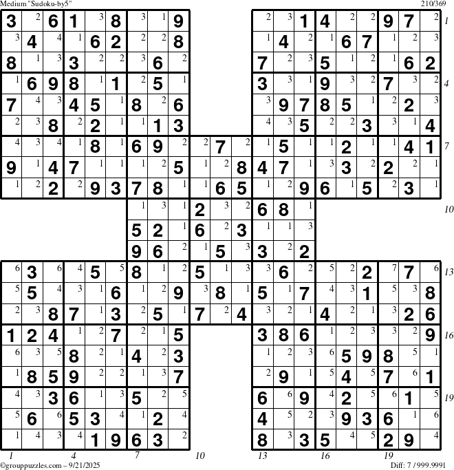 The grouppuzzles.com Medium Sudoku-by5 puzzle for Sunday September 21, 2025 with all 7 steps marked