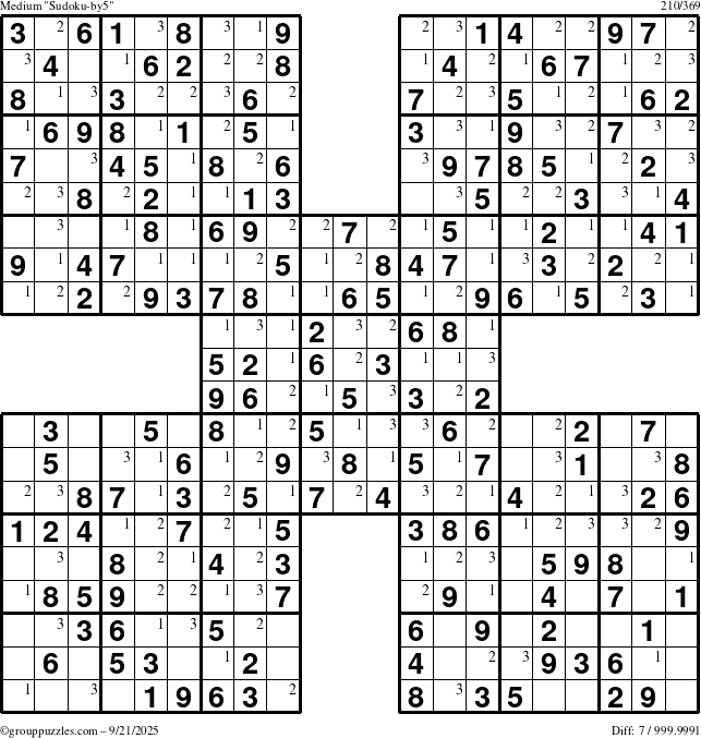 The grouppuzzles.com Medium Sudoku-by5 puzzle for Sunday September 21, 2025 with the first 3 steps marked