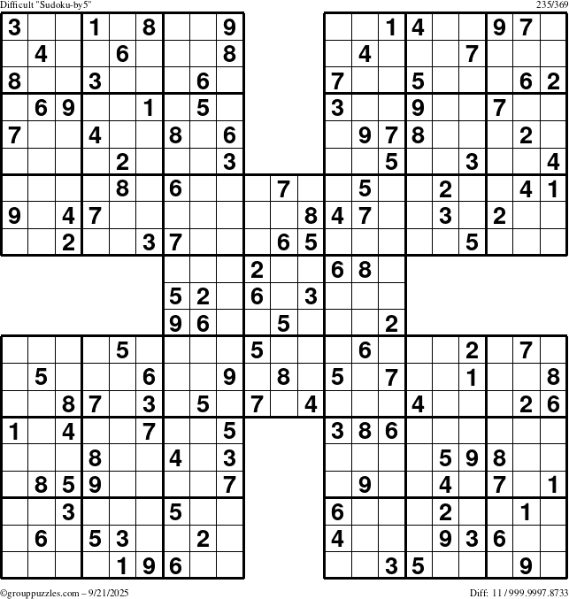 The grouppuzzles.com Difficult Sudoku-by5 puzzle for Sunday September 21, 2025