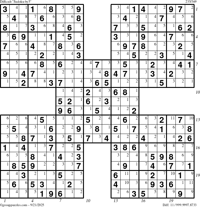 The grouppuzzles.com Difficult Sudoku-by5 puzzle for Sunday September 21, 2025 with all 11 steps marked