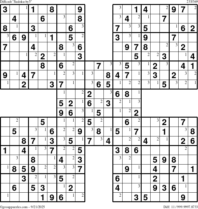 The grouppuzzles.com Difficult Sudoku-by5 puzzle for Sunday September 21, 2025 with the first 3 steps marked
