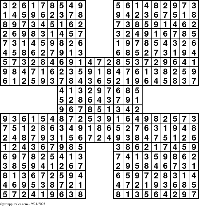 The grouppuzzles.com Answer grid for the Sudoku-by5 puzzle for Sunday September 21, 2025