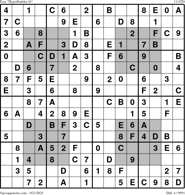 The grouppuzzles.com Easy HyperSudoku-16 puzzle for Sunday September 21, 2025