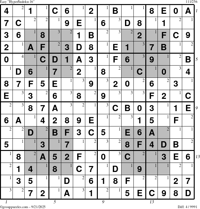 The grouppuzzles.com Easy HyperSudoku-16 puzzle for Sunday September 21, 2025 with all 4 steps marked