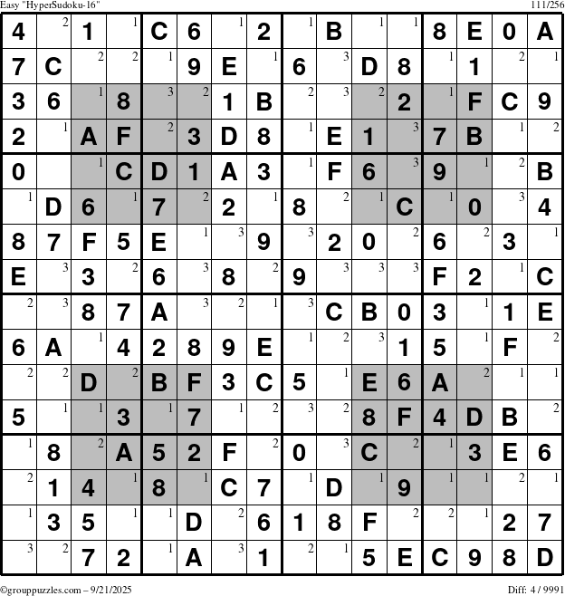 The grouppuzzles.com Easy HyperSudoku-16 puzzle for Sunday September 21, 2025 with the first 3 steps marked