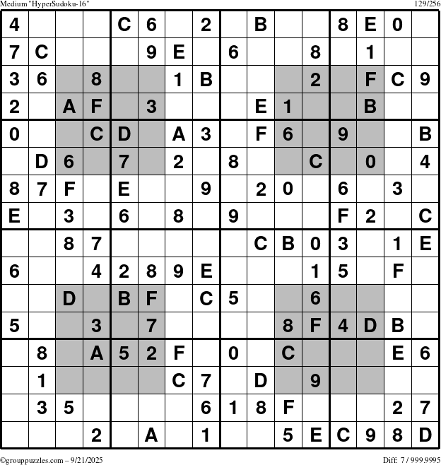 The grouppuzzles.com Medium HyperSudoku-16 puzzle for Sunday September 21, 2025