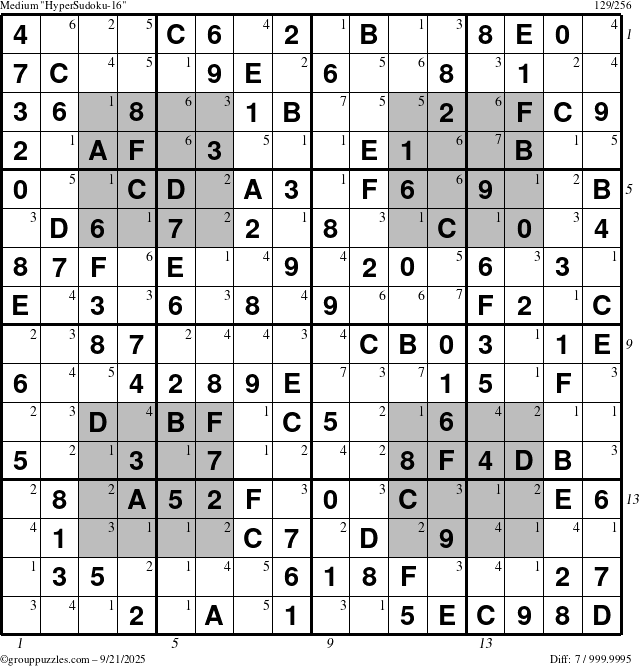 The grouppuzzles.com Medium HyperSudoku-16 puzzle for Sunday September 21, 2025, suitable for printing, with all 7 steps marked