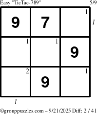 The grouppuzzles.com Easy TicTac-789 puzzle for Sunday September 21, 2025, suitable for printing, with all 2 steps marked
