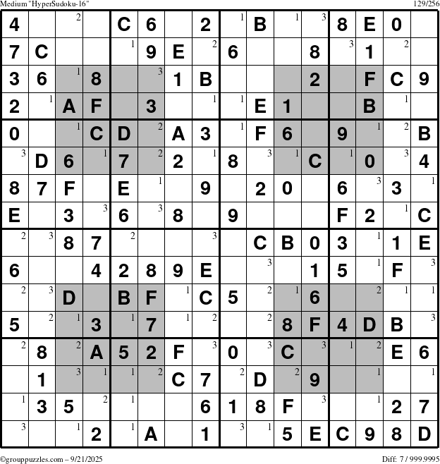 The grouppuzzles.com Medium HyperSudoku-16 puzzle for Sunday September 21, 2025 with the first 3 steps marked