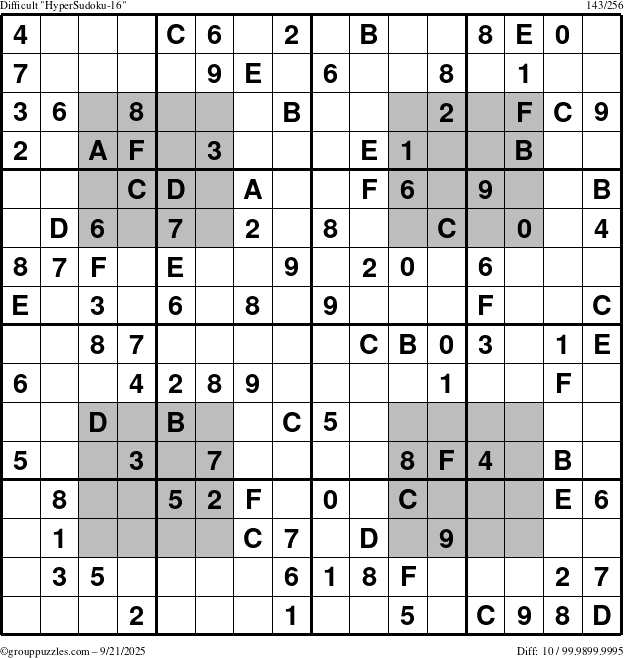 The grouppuzzles.com Difficult HyperSudoku-16 puzzle for Sunday September 21, 2025