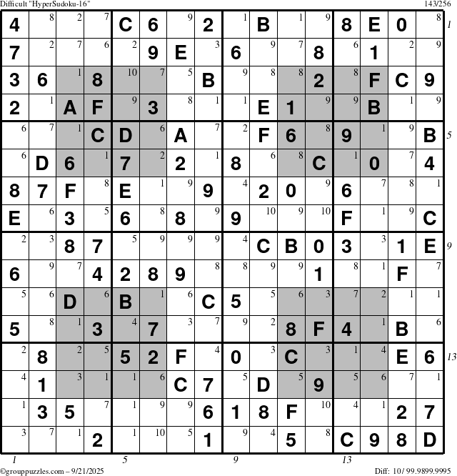 The grouppuzzles.com Difficult HyperSudoku-16 puzzle for Sunday September 21, 2025 with all 10 steps marked