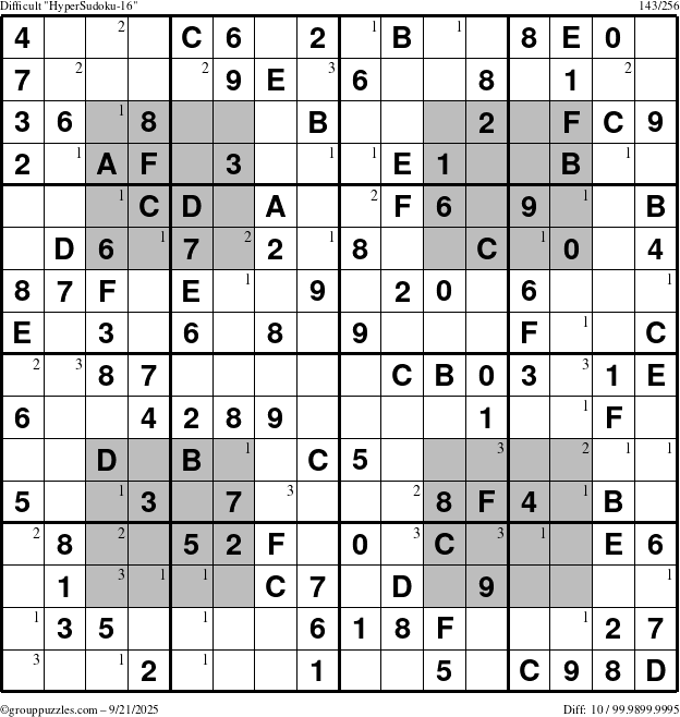 The grouppuzzles.com Difficult HyperSudoku-16 puzzle for Sunday September 21, 2025 with the first 3 steps marked